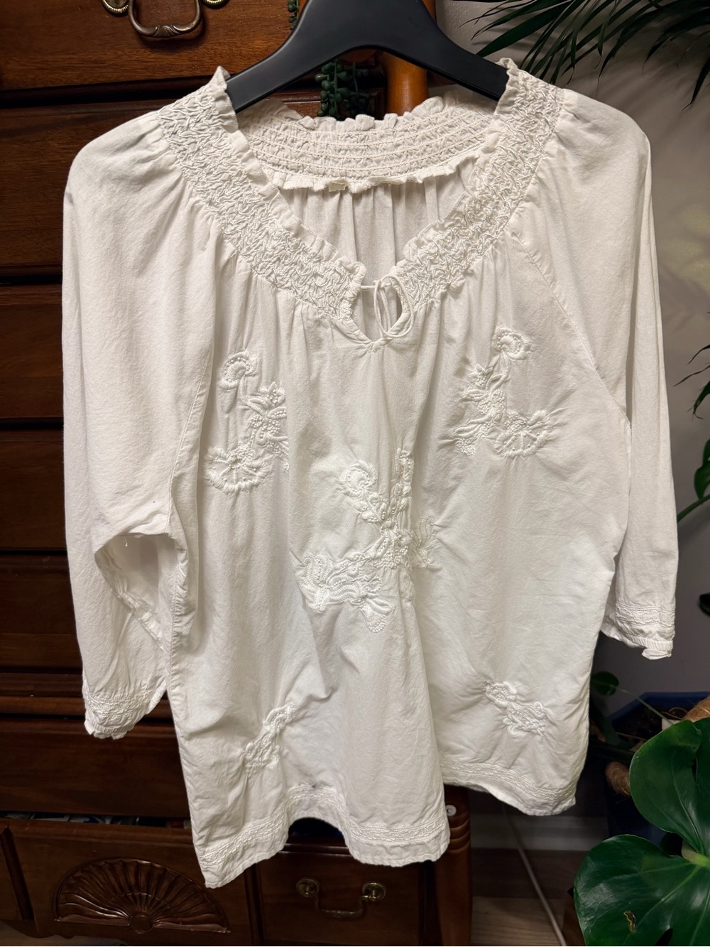 Bohemian Embroidered and Beaded Peasant Blouse with Eyelet Lace Cuffs